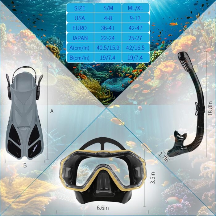 Snorkeling Gear Set - Adjustable Short Fins, Anti-Fog Mask, 3-Piece Dry Top Snorkel, Travel Size with Gear Bag for Adults, Men, Women, Swimming, Diving, Snorkeling - Image 5