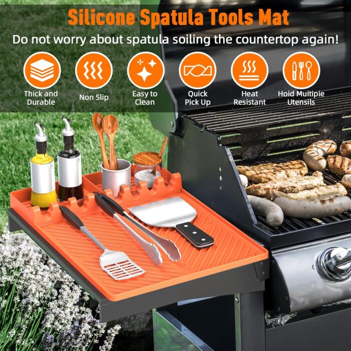 Silicone Grill Mat Compatible with Blackstone, Silicone Griddle Tools Mat with Drip Pad, Spatula Mat for Outdoor Grill Kitchen Counter (Orange) - Image 2