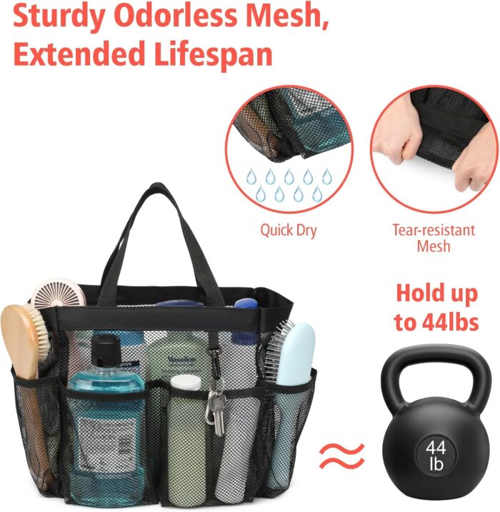 F-color Mesh Shower Caddy Portable, Upgrade Deeper 7 Pockets Shower Bag Basket Tote for College Dorm Room Toiletry Bathroom Essentials Gym Camp Quick Dry 2 handles with S Hook, Black - Image 3