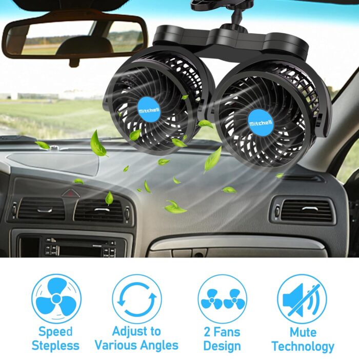 12V Car Fan, Adjustable 4 Inches Dual Head Car Clip Fan for Front/Rear Seat Passenger, 360° Rotatable Cars Fans with Stepless Speed Regulation for Car/Vehicle SUV, RV - Image 5