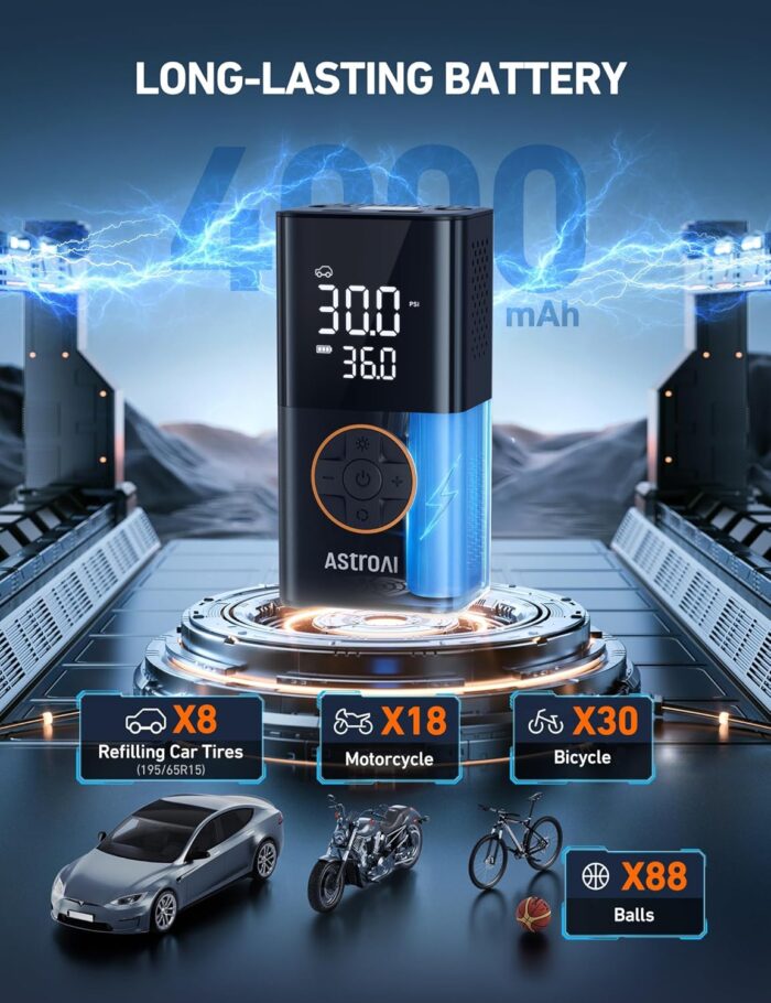 AstroAI L7 Tire Inflator Portable Air Compressor Cordless Mini Bike Pump with Digital Dual Values Display, 150 PSI Car Tires Air Pump with LED Lights&Pressure Gauge for Auto, Motorcycles, Bikes, Balls - Image 2