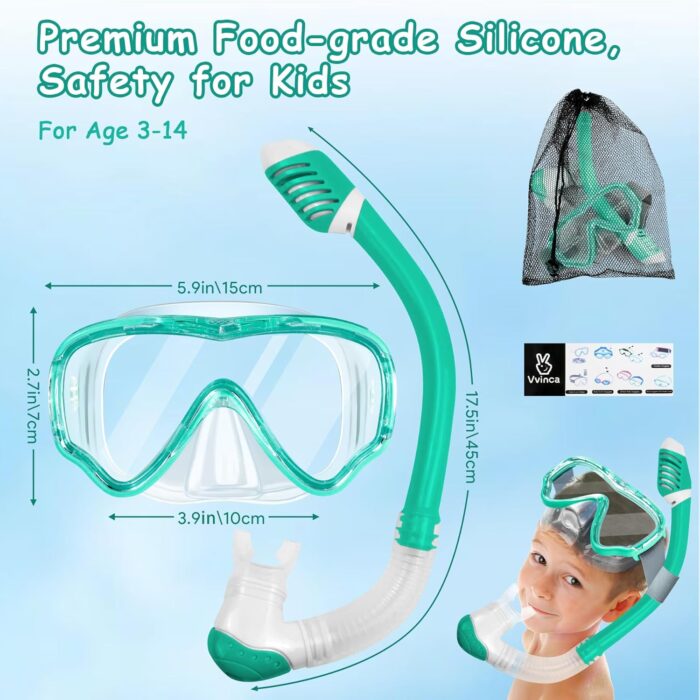 Vvinca Snorkeling Gear for Kids Dry Top Kids Snorkel Set for Boys Girls Junior Youth Children Age 4-14 Swim Goggles with Nose Cover Anti-Fog Panoramic View Adjustable Elastic Diving Mask and Snorkel - Image 5
