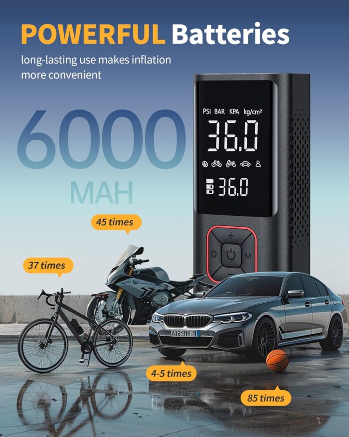 Cordless Tire Inflator Portable Air Compressor - 150PSI Air Pump with Auto Shutoff Function for Car Tires, Inflatables, Motorcycle, Balls, Compact Bike Tire Pump with LED Light, Red, Large - Image 4