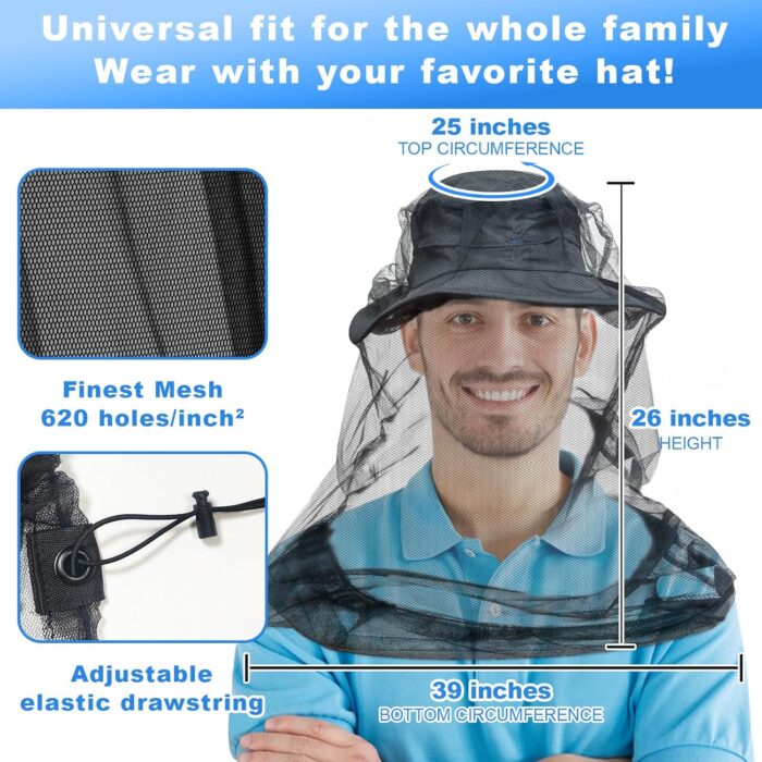 South to East Premium Mosquito Head Net for Insect, 2 Pack, Fly & Bug Protection | Ultra Large & Long, Extra Fine Holes for Camping, Hiking, Fishing, Gardening, Safari, Fits All Hats for Men & Women - Image 6