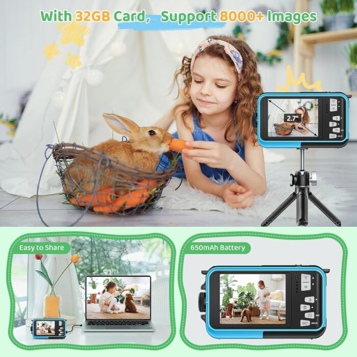 Underwater Camera with 32GB Card Waterproof Camera 10FT 30MP FHD 1080P Compact 16X Digital Zoom Underwater Kids Digital Camera for Snorkeling, Blue - Image 4