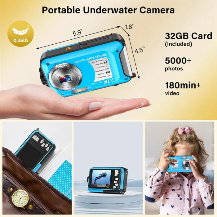 Underwater Camera 2.7K 56MP Waterproof Camera Autofocus with 32GB Card, 16FT Waterproof Digital Camera with 2.7" Screen for Kids, 16X Fill Light Portable Compact Digital Camera for Snorkeling,Blue - Image 6