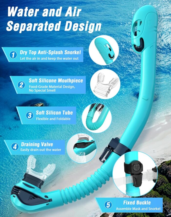 Snorkeling Gear for Adults, Dry Top Snorkel Mask Adult, Snorkel Set with 180°Panoramic Wide View, Anti-Fog Scuba Diving Mask for Snorkeling Swimming Travel - Image 4