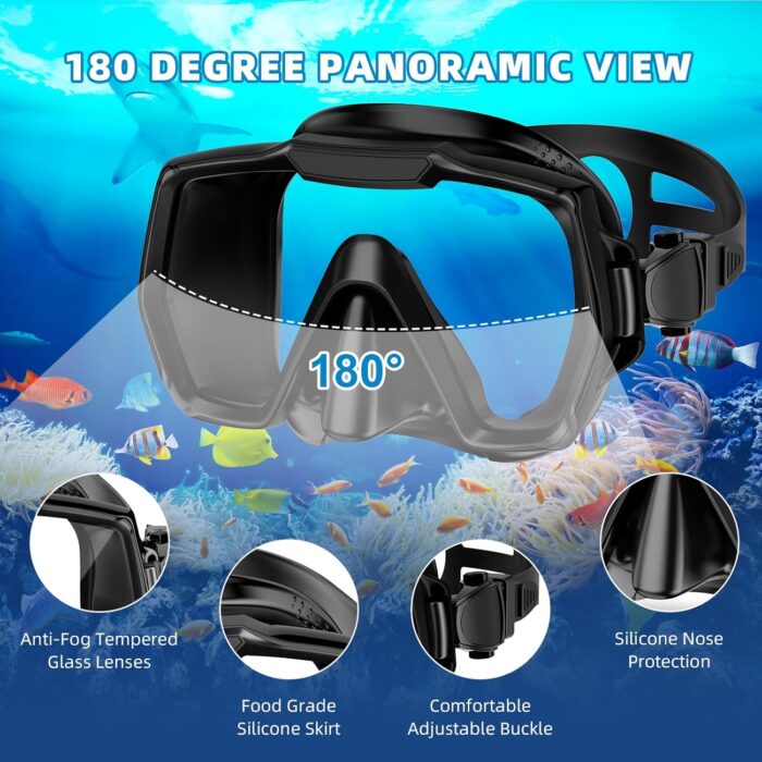 Snorkel Set Adults Snorkeling Gear Anti-Leak and Anti-Fog Tempered Glass Lens Panoramic View Swim Mask Dry Top Snorkel Kit for Snorkeling Scuba Diving Swimming Travel with Carry Bag - Image 4