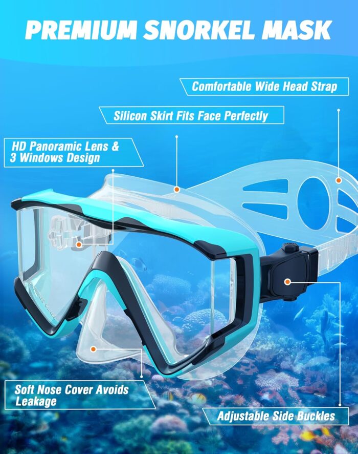 Greatever Snorkel Set Pano 3 Window Snorkel Mask Adult, Panoramic Wide View, Anti-Fog Scuba Diving Mask, Anti-Leak Snorkel Goggles Dry Top Snorkel, Professional Snorkeling Gear for Adults - Image 4