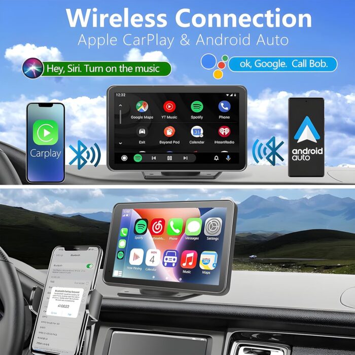 Portable Carplay Screen for Car, 7" Wireless Carplay & Android Auto with Bluetooth, HD Backup Camera, GPS Navigation, Siri, FM, AUX, Mirror Link for All Vehicles - Image 2