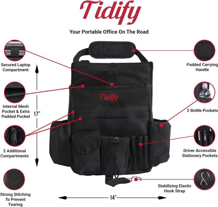 Tidify Car Front Seat Organizer [2023 UPDATED] with Dedicated Tablet and Laptop Storage Stabilizing Side Straps Soft Adjustable Shoulder Strap and Hardened Buckles Your Office Away from Office - Image 6