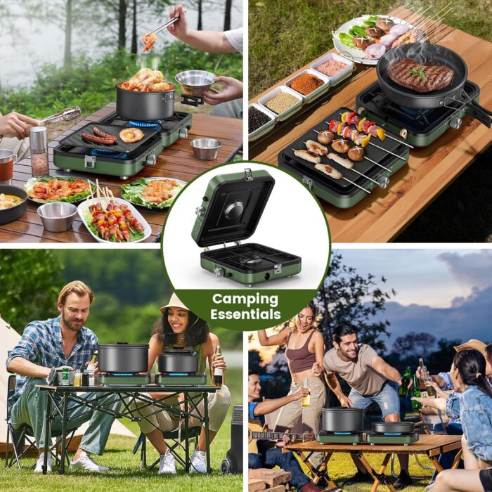 OGERY 2-Burner Foldable Camping Stove with Griddle (Textured & Smooth) and Carrying Bag, Portable Propane Camp Stove with 2 Adjustable Burners & Piezo Ignition, for Camping Tailgating Essentials Gear - Image 7