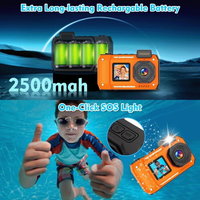 33FT/10M Underwater Camera 4K 48MP Waterproof Camera with 32GB Card Dual-Screen Rugged Dustproof Shockproof Autofocus Selfie Digital Camera for Snorkeling Diving Sport Travel (Orange) - Image 5