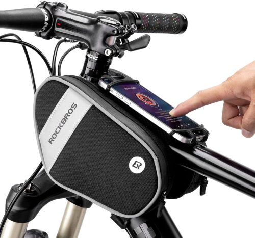 ROCKBROS Bike Front Frame Bag Top Tube Bike Phone Mount Bag Waterproof Bicycle Handlebar Cycling Accessories Pouch with 360° Rotation Phone Holder Fit Smartphone Below 6.7''