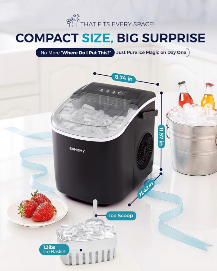 EUHOMY Countertop Ice Maker Machine with Handle, 26lbs in 24Hrs, 9 Ice Cubes Ready in 6 Mins, Auto-Cleaning Portable Ice Maker with Basket and Scoop, for Home/Kitchen/Camping/RV. (Black) - Image 8