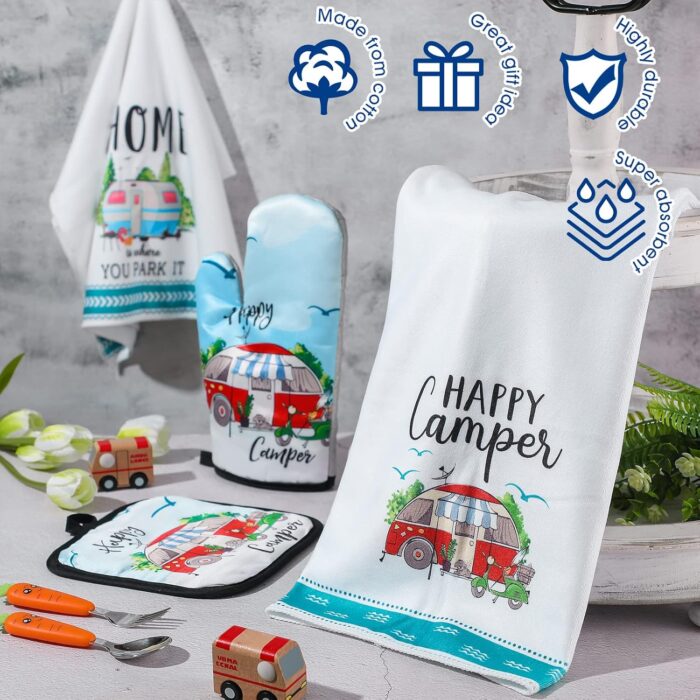 4 Pcs Camping Dish Towels Pot Holders Oven Mitts Set Making Memories One Campsite at a Time RV Kitchen Towels Soft Absorbent Pot Holder Camper Oven Mitt Dish Cloths Hand Towels - Image 6