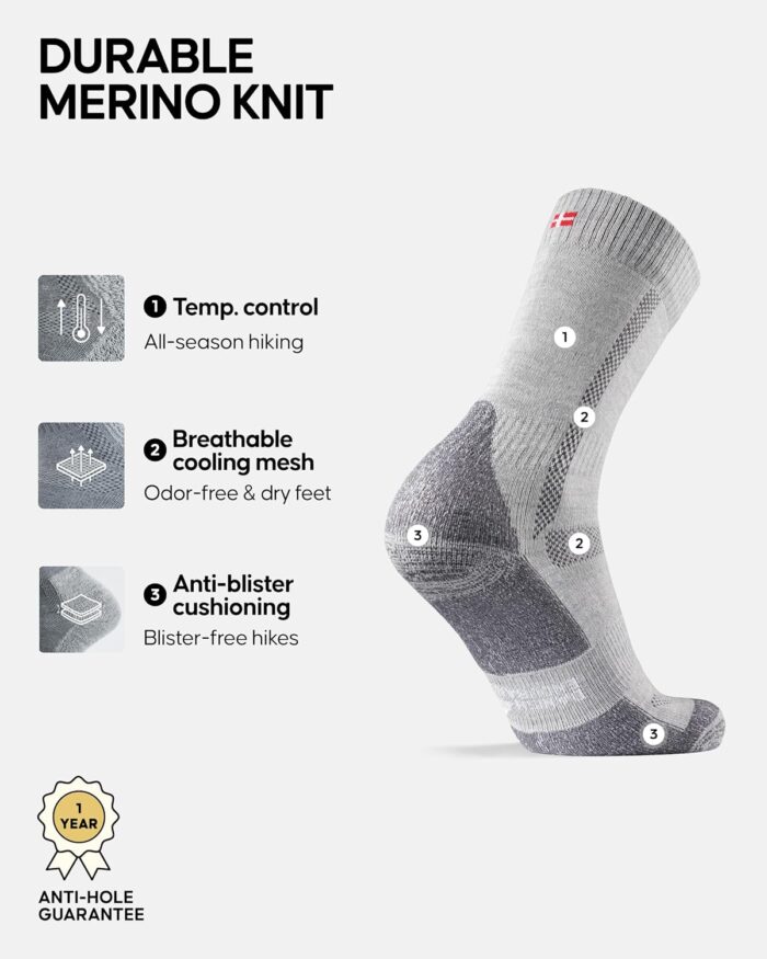 DANISH ENDURANCE Merino Wool Hiking Crew Socks for Men & Women, Cushioned Anti-Blister, Breathable - 3 Pairs - Image 2