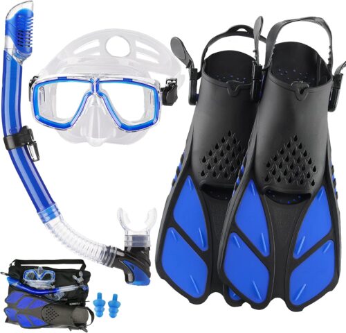 Snorkeling Gear for Adults with Fins Scuba Diving Gear Adult Professional Travel Snorkel Sets with Flippers,Anti-Fog Anti-Leak Diving Mask