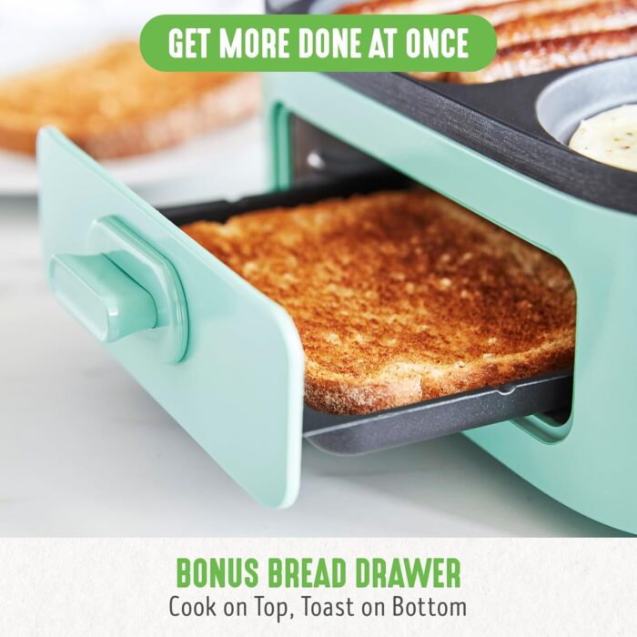 GreenLife 3-in-1 Breakfast Maker Station, Healthy Ceramic Nonstick Dual Griddles for Eggs Meat Sausage Bacon Pancakes and Breakfast Sandwiches, 2 Slice Toast Drawer, Easy-to-use Timer, Turquoise - Image 8