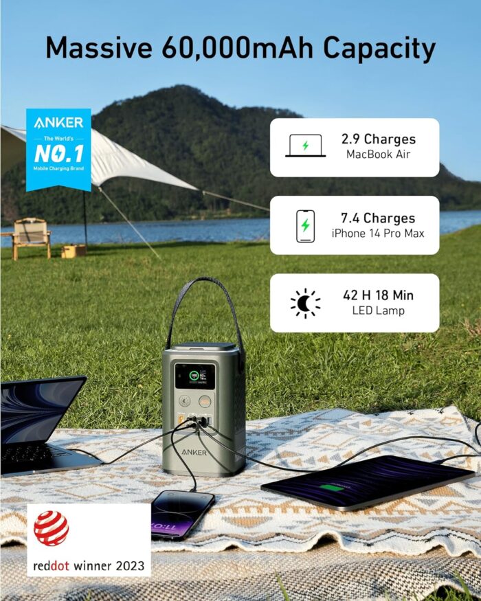 ANKER Power Bank Power Station 60,000mAh,Portable Outdoor Generator 87W with Smart Digital Display, Retractable Auto Lighting and SOS Mode, Home Backup(PowerCore Reserve 192Wh) for Travel, Camping - Image 2