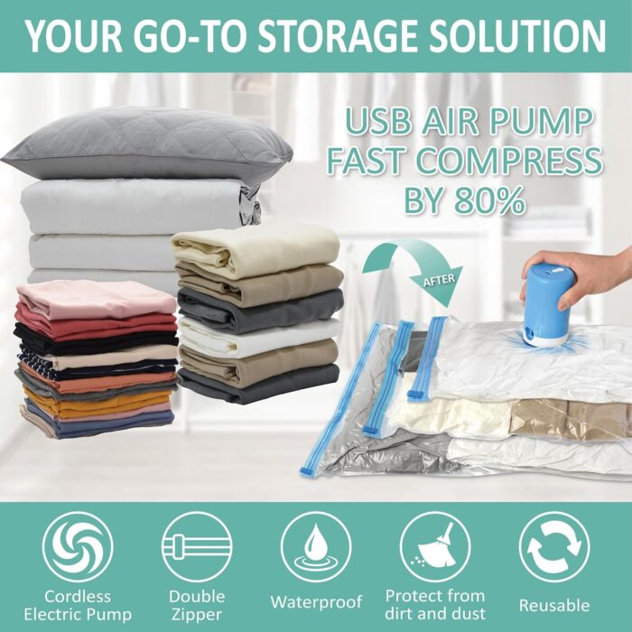 Travel Vacuum Bags with Electric Pump, 8 Pack Vacuum Travel Bags for Luggage and Suitcase, Vacuum Seal Space Saver Compression for Clothes Clothing - Image 2