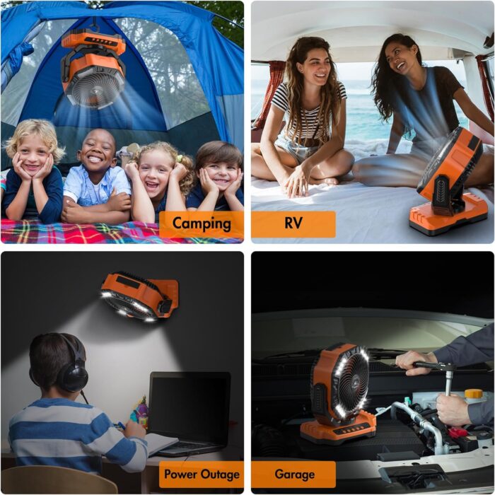 40000mAh Battery Powered Camping Fan - 136H Max Cooling, Rechargeable Battery Operated Oscillating Floor Fan with Charger, Remote & Hook, Portable for Tent Outdoor Patio Garage Hurricane Power Outage - Image 8