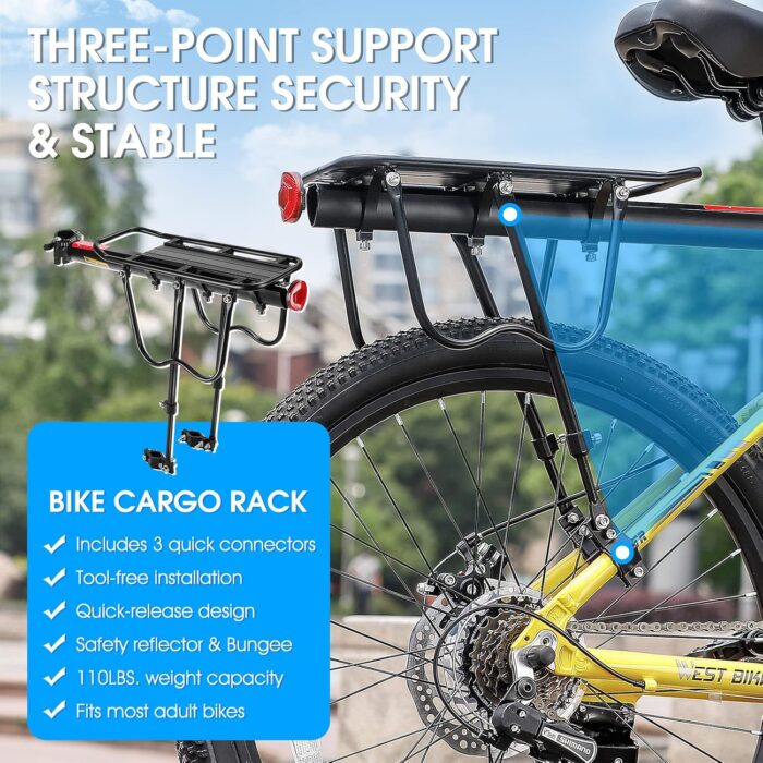 West Biking 110Lb Capacity Almost Universal Adjustable Bike Cargo Rack Cycling Equipment Stand Footstock Bicycle Luggage Carrier Racks with Reflective Logo - Image 4