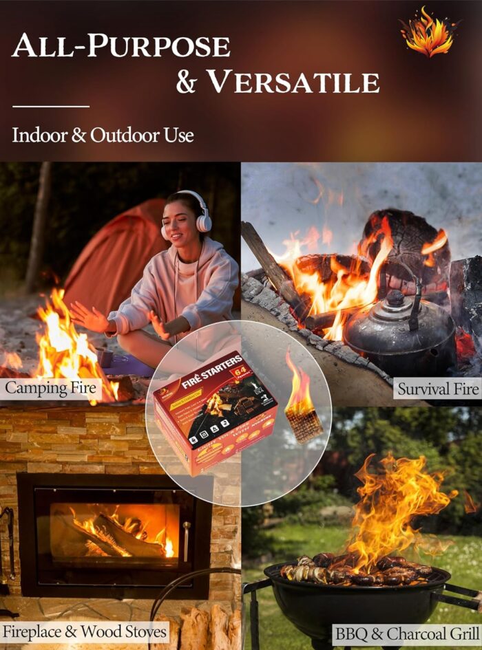 Fire Starter, Easy-Burning Fire Starter Squares for Wood Stoves, Campfires, Grill Pit and Fireplace, Natural & Waterproof BBQ Fire Starters, 64 Mini Square - Image 4