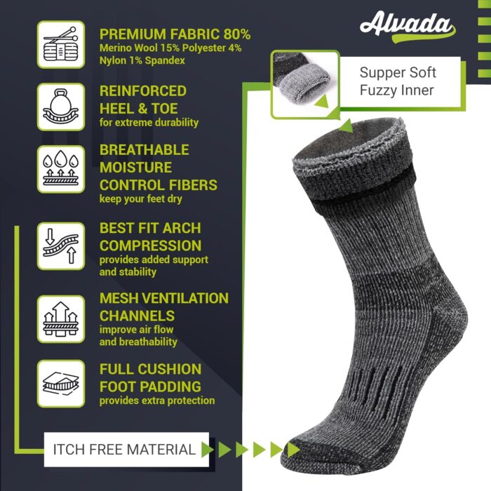 Alvada Warm Thermal Wool Socks for Winter Moisture Wicking and Breathable Cozy Boot Socks - Image 4