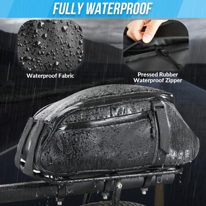 WOTOW Reflective Rear Rack Bag, Water Resistant Bike Saddle Panniers for Bicycles, 8L Trunk Cycling Back Seat Cargo Carrier Storage Pouch With Shoulder Strap for Travel Commute - Image 3