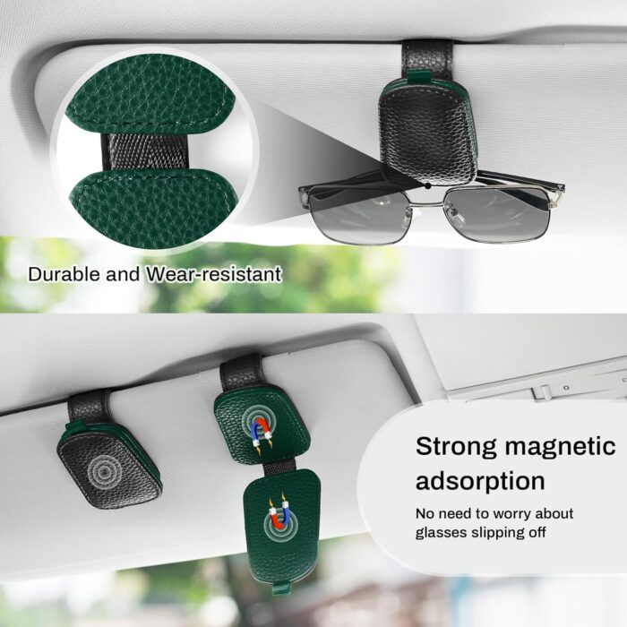 SINGARO Sunglasses Holder for Car, Leather Magnetic Buckle Sun Visor Sunglass Clip, Ticket Card Storage Glasses Clip, Car Interior Accessories for Men and Women（Black-Green） - Image 7
