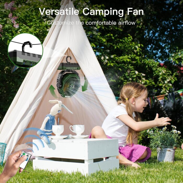 FRIZCOL 3-in-1 Camping Fan - Portable Fans Rechargeable - 24000mAh Battery Powered Fan(140Hrs) with Light & Remote for Indoor, Outdoor, Tent, Travel, BBQ, Fishing, Jobsite - Green - Image 4