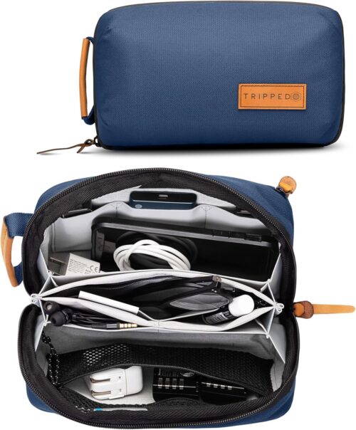 TRIPPED Travel Gear Tech Bag Organizer - Small Electronics Organizer Pouch for Travel - Premium Travel Case with Leather Accents - Mesh Pocket for Cables, Cords and Chargers (Navy)