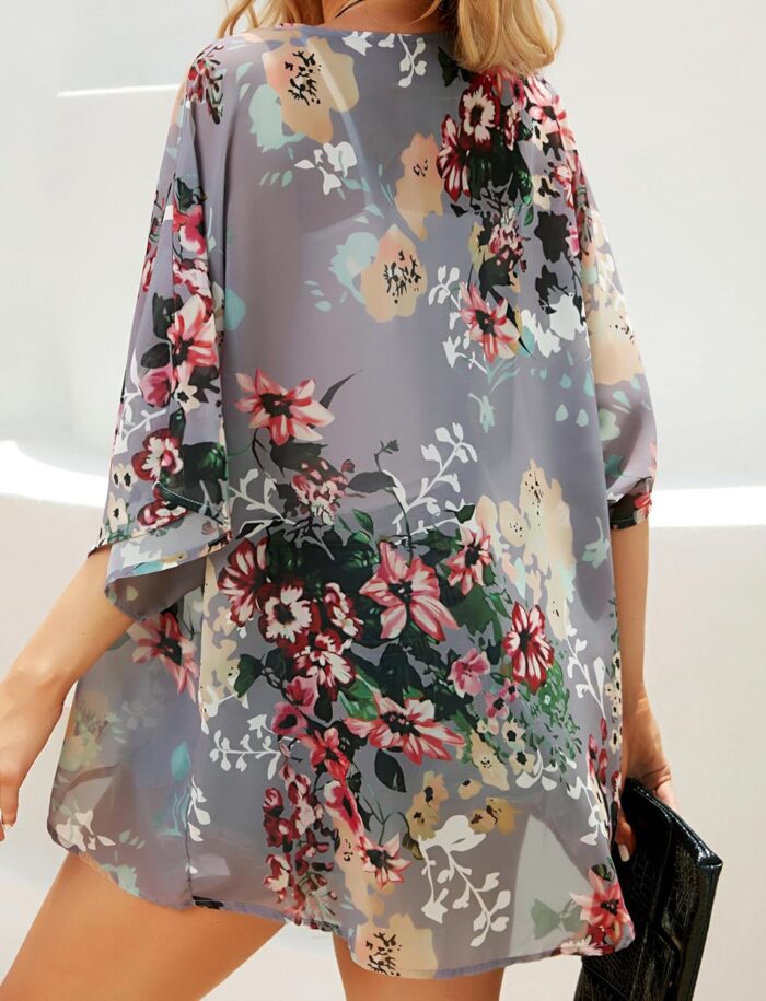 Women's Floral Print Puff Sleeve Kimono Cardigan Loose Cover Up Casual Blouse Tops - Image 6