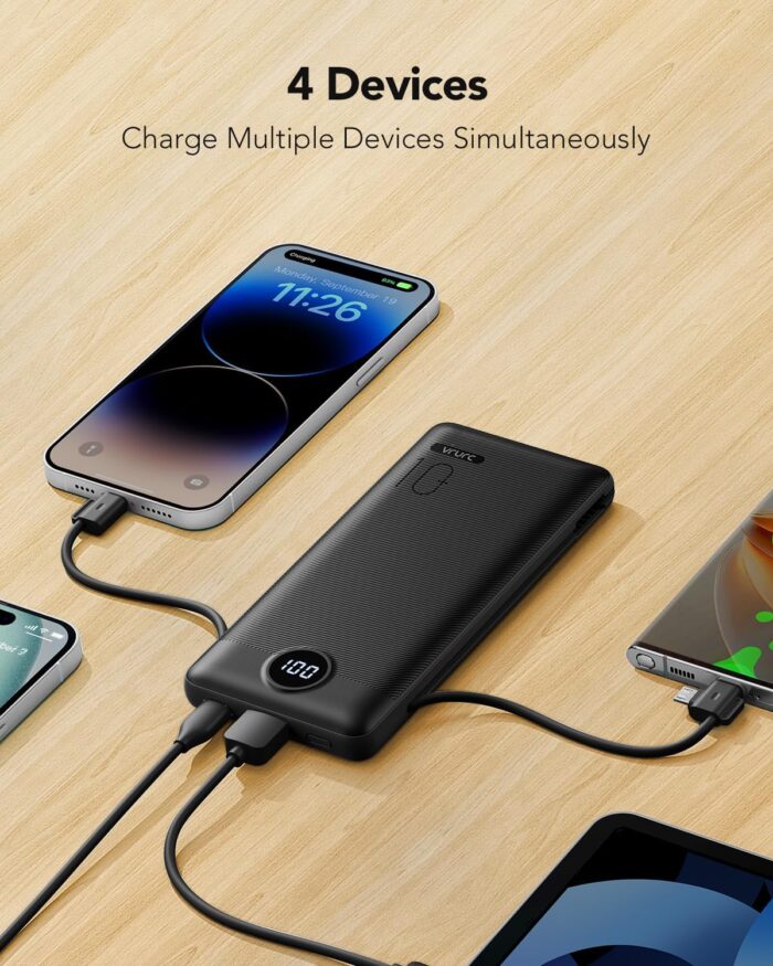 VRURC Portable Charger Built-in Cables and AC Wall Plug, USB C Power Bank 10000mAh, Travel Essentials Phone Charger Compact Lightweight External Battery Pack for Smart Phones, Tablets-Pure Black - Image 6