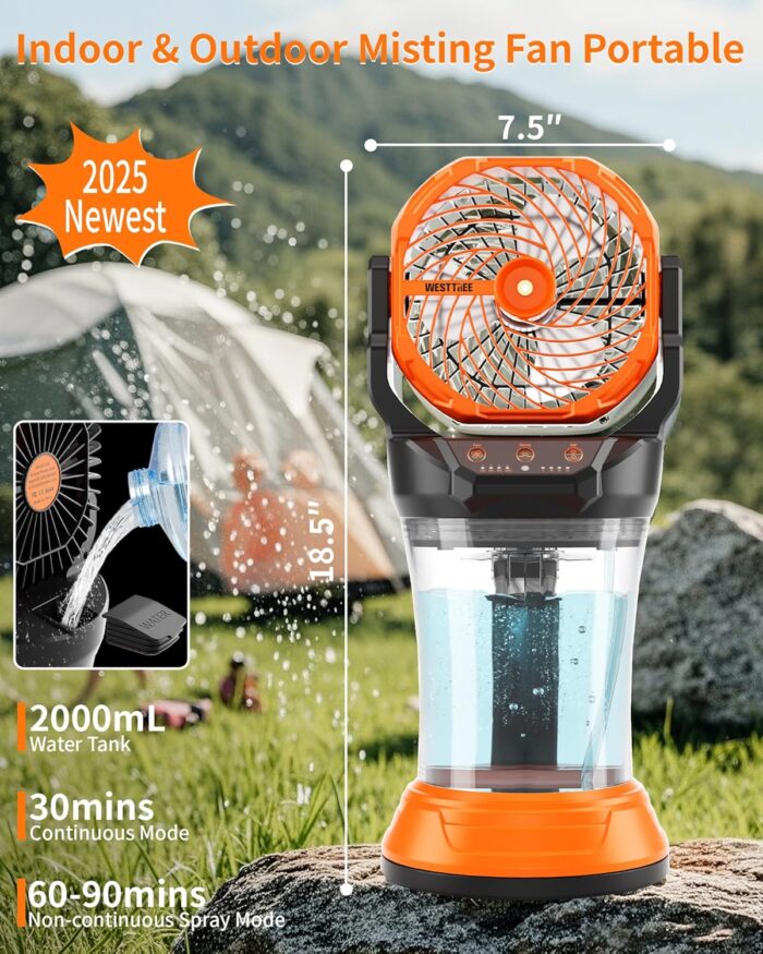 Portable Misting Fan with Large Battery Fan-Rechargeable Outdoor Misting Cooling Fans with 2L Water Tank,RGB Lights,4 Speeds & Spray Modes-for Patio, Camping, Beach, Workshop (X65 Orange) - Image 3