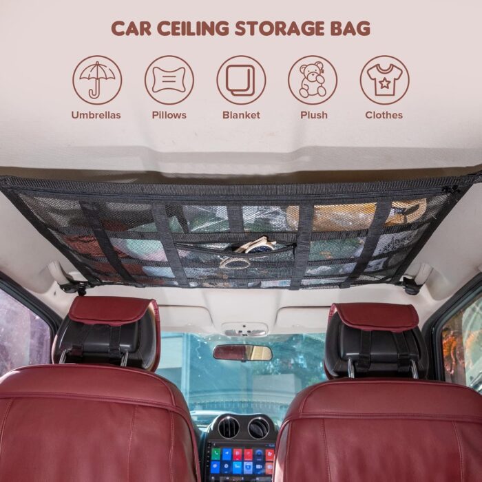 Upgrade Car Ceiling Cargo Net Pocket,31.5"x21.6" Strengthen Load-Bearing and Double-Layer Mesh Car Roof Storage Organizer,Truck SUV Van Travel Long Road Trip Camping Interior Accessories - Image 6