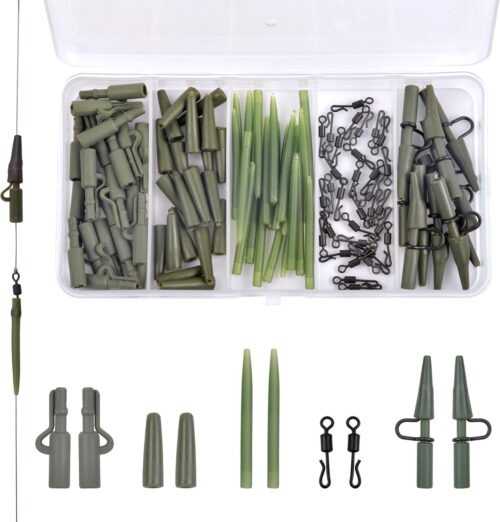 Carp Fishing Tackle Kit 100pcs Carp Fishing Terminal Tackle Set Safety Lead Clips Anti-Tangle Sleeve Quick Change Swivel Tail Rubber Carp Fishing Accessories with Box