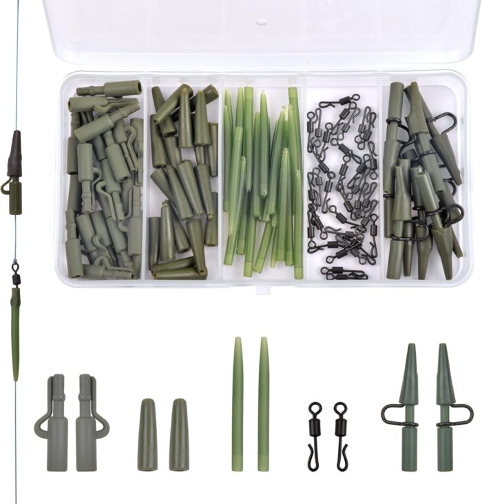 Carp Fishing Tackle Kit 100pcs Carp Fishing Terminal Tackle Set Safety Lead Clips Anti-Tangle Sleeve Quick Change Swivel Tail Rubber Carp Fishing Accessories with Box
