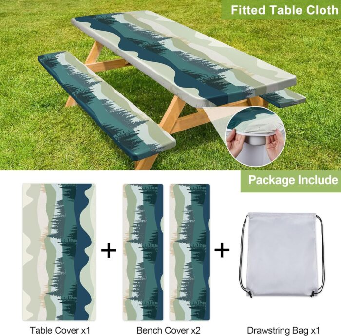 Picnic Table Cover with Bench Covers Camping Essentials Waterproof Windproof Camping Tablecloth with Drawstring Bag, Fitted Rectangle Tables and Seats, 72in, Green Blue - Image 4