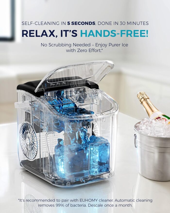 EUHOMY Countertop Ice Maker Machine with Handle, 26lbs in 24Hrs, 9 Ice Cubes Ready in 6 Mins, Auto-Cleaning Portable Ice Maker with Basket and Scoop, for Home/Kitchen/Camping/RV. (Black) - Image 5