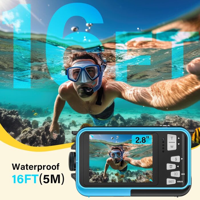 Underwater Camera 2.7K 56MP Waterproof Camera Autofocus with 32GB Card, 16FT Waterproof Digital Camera with 2.7" Screen for Kids, 16X Fill Light Portable Compact Digital Camera for Snorkeling,Blue - Image 3
