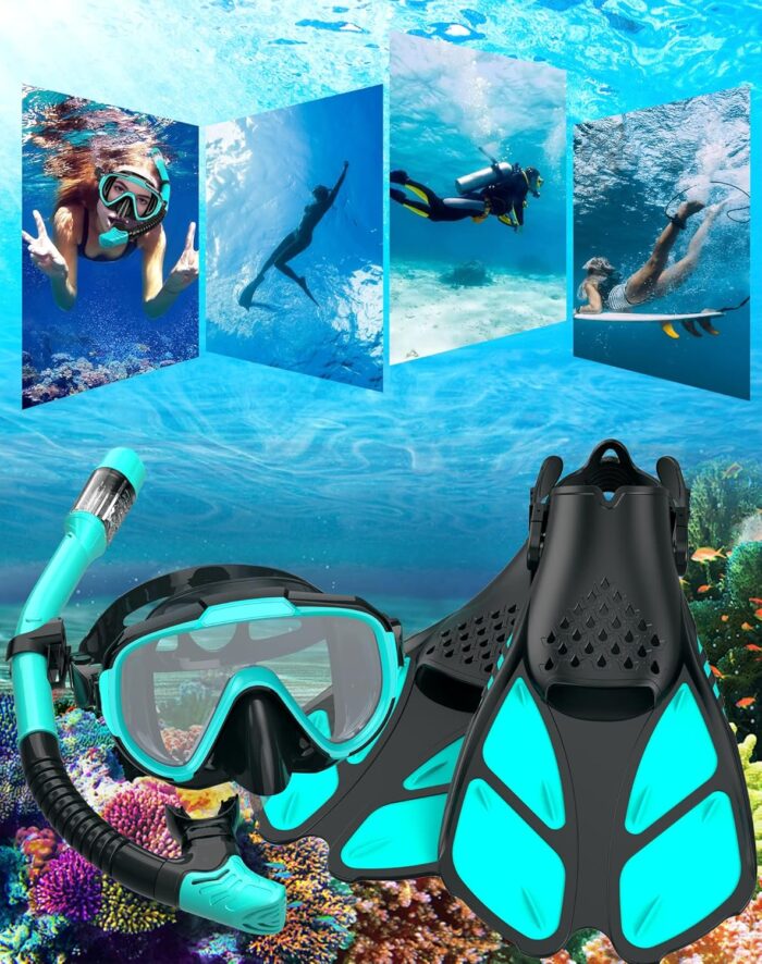 Snorkeling Gear for Adults Men Women,4 in 1 Snorkel Set with Panoramic View Diving Mask Anti-Fog Anti-Leak,Dry Top Snorkel,Fins and Travel Bag for Swimming,Snorkeling and Travel Diving - Image 7