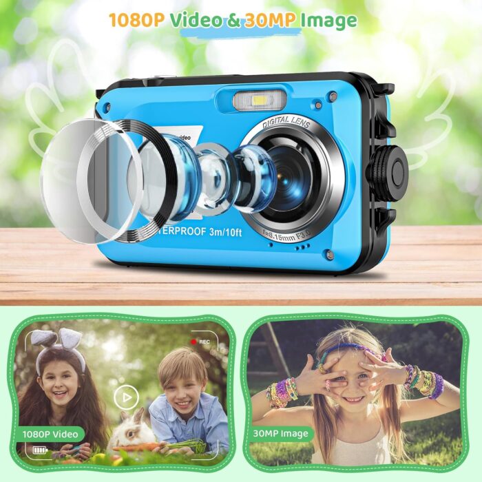 Underwater Camera with 32GB Card Waterproof Camera 10FT 30MP FHD 1080P Compact 16X Digital Zoom Underwater Kids Digital Camera for Snorkeling, Blue - Image 2