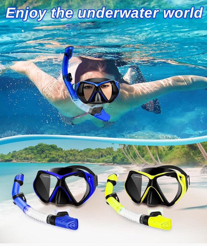 Snorkeling Gear for Adults, Dry Snorkel Kit, Anti-Leak Diving Mask and Dry Snorkel,180° Panoramic View Scuba Mask with Tempered Glass Lens for Diving, Snorkeling, Swimming - Image 7