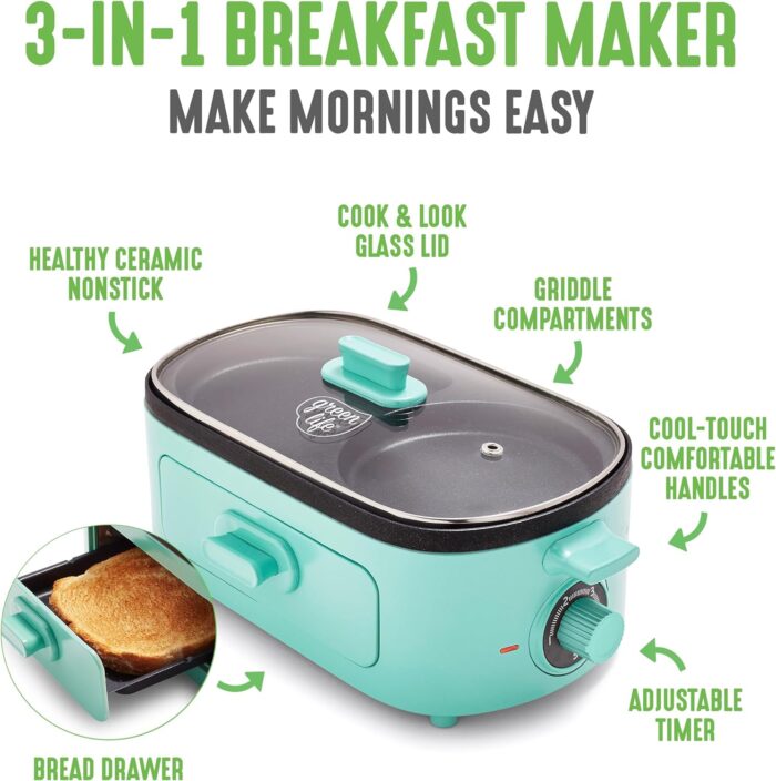 GreenLife 3-in-1 Breakfast Maker Station, Healthy Ceramic Nonstick Dual Griddles for Eggs Meat Sausage Bacon Pancakes and Breakfast Sandwiches, 2 Slice Toast Drawer, Easy-to-use Timer, Turquoise - Image 3
