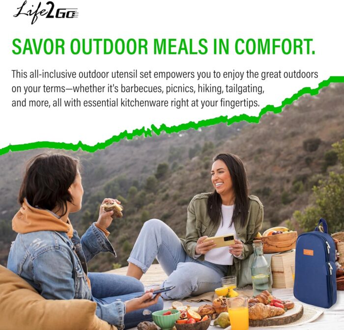 12 Pcs Camp Cooking Utensil Set & Outdoor Kitchen Gear Cookware Kit, Portable Compact Carry Case for Camping, Hiking, Travel, BBQ Grilling Stainless Steel Accessories Spoon & Fork, Navy - Image 6