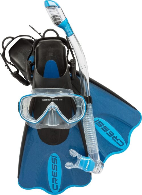 Cressi Light Weight Premium Travel Snorkel Set for All Ages- Adjustable Fins + Silicone Mask + Dry Snorkel - Palau SAF Set: Made in Italy