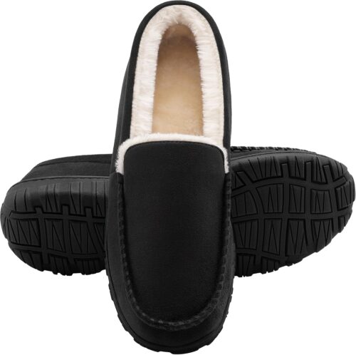 shoeslocker Men's Slippers Warm Soft Plush Memory Foam House Slippers for Men Comfortable Bedroom Moccasin Slippers Non-Slip Indoor Outdoor