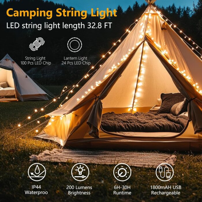GHORA Camping String Light,32.8FT Rechargeable LED Lights with 8 Modes, Waterproof Portable Outdoor Tent Lights for Patio Garden Party Decor, Hanging Lanterns for Canopy Backyard Campground - Image 2